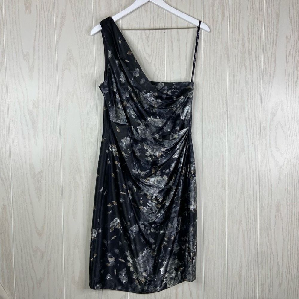 Maggy London One-Shoulder Dress Cocktail Ruched Black Grey Size 14 Satin